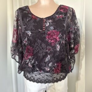 Free People Black Lace Floral Blouse with Berry Accents